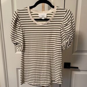 Pomander Place Olive and Ecru Striped Puff Sleeve Top